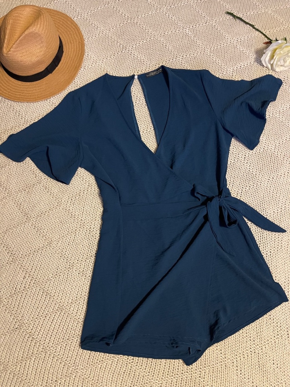 SHEIN Teal Wrap Romper Size Large Tie Waist Flutter Sleeve V Neck Shorts